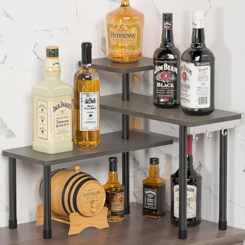 ZHWS Kitchen Countertop Organizer, Bathroom Counter Organizer, Adjustable 3 Tier Corner Shelf with 4 Metal Hooks for Counter Organize, Spice Rack, Makeups, Coffee Station Bookshelf (Rustic Grey)