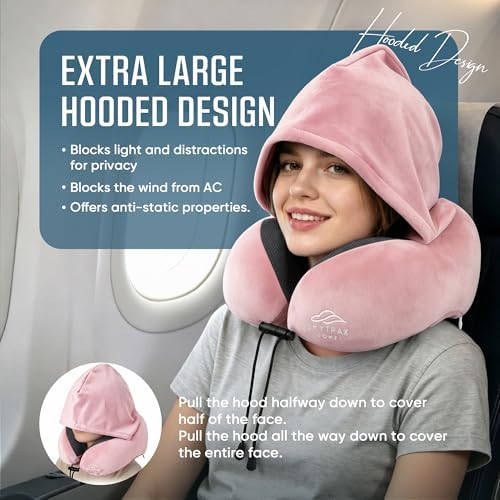 SkytraxComf® Travel Neck Pillow with Hood for Privacy on Long Flights