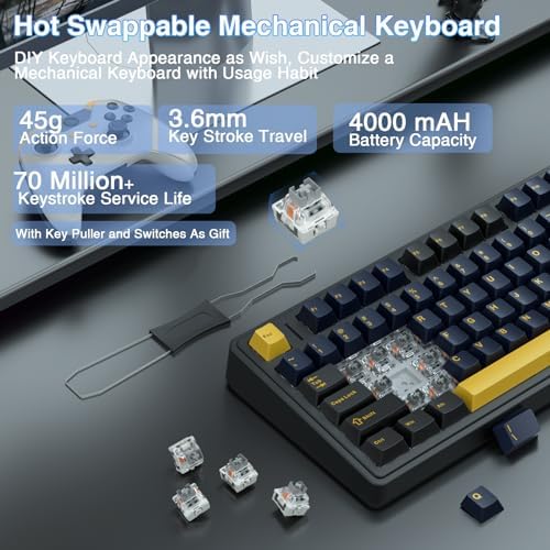 AULA F75 75% Wireless Mechanical Keyboard, Hot Swappable Creamy Keyboard, Pre-lubed Greywood Switches RGB Backlit Gaming Keyboards, 2.4GHz/Type-C/BT5.0(Cool Black)