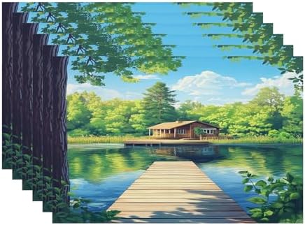 Batmerry Retreat Wooden Structure Linen Placemats Set of 6, Forest Setting Water Body Washable Table Mats for Kitchen Table Thickened Heat Insulation Dining Set Indoor Outdoor 12X18 in