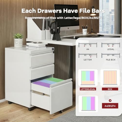 Bonusall 3 Drawer File Cabinet with Lock, Small Under Desk Filing Cabinet for Home Office, Fully Assembled Metal Rolling Storage Fits A4/Letter/Legal - White