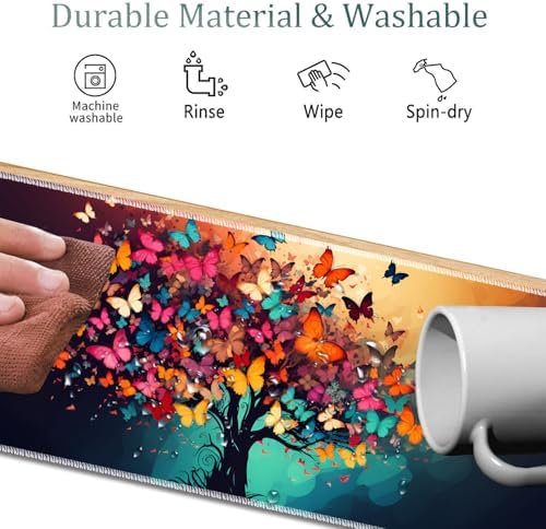 4 in 1 Mouse Pad Combo, Large Gaming Mouse Pad + Keyboard Wrist Support + Mouse Wrist Rest + Coaster, Table Pad 31.5 "x 11.8" with Memory Foam Ergonomic Wrist Pad Set, Colorful Tree Butterfly