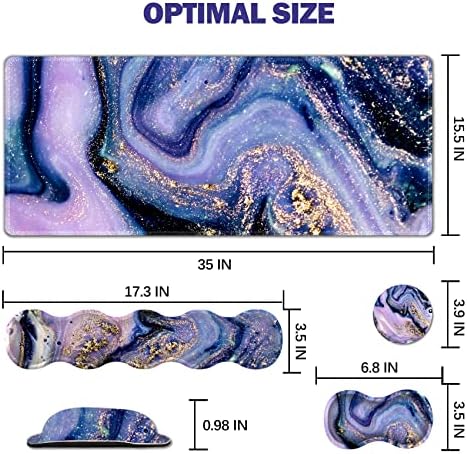 Upgraded Extended Gaming Mouse Pad, Keyboard Wrist Rest Pad, Wrist Support Mousepad Set, Artso Large Stable Rubber Base Stitched Edge Desk Pad (35 x15.5 in) for Work, Office, Home, Purple Marble