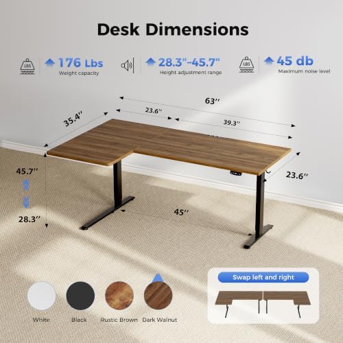 Agilestic 63 * 35 Inch Reversible L Shaped Electric Standing Desk, Walnut