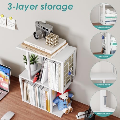 Small Desktop Bookshelf Organizer, White 3-Tier Desk Shelf with Metal Hook Workspace Organizers for Desk Organization and Office Storage Table Bookcase