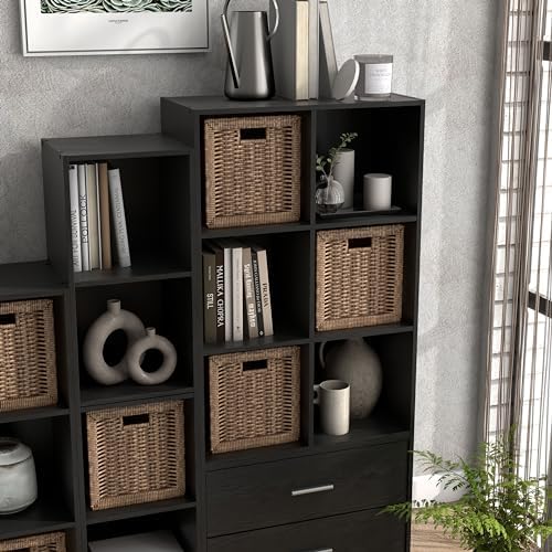 Homes: Inside + Out Apexa 6-Cube Storage Organizer Shelves, Stackable Wood Bookcase Fits Cubby Bins for Organization, Dorm Teen Room Decor & Home Office, Black