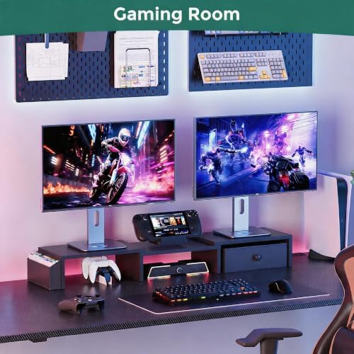 Dual Monitor Stand Riser, Adjustable Length & Swivel Angle Monitor Stand, Ergonomic Monitor Stand with Drawer & Side Pockets, Desktop Organizer and Office Desk Accessories, Black