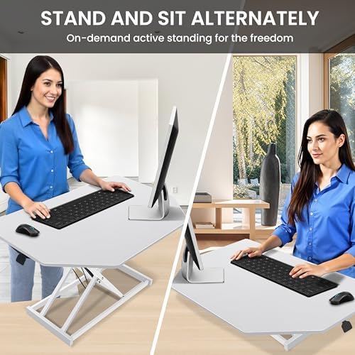 34 inch White Corner Height Adjustable Standing Desk Converter, One-Click Sit to Stand up Desk Riser, Pre-Assembled Dual Monitor and Laptop Workstation