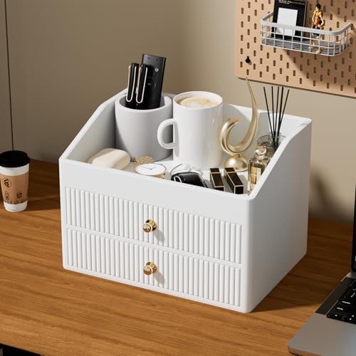 LADSTAG Desk Organizer,Beige White Vegan Leather Desk Accessories & Workspace Organizers with 2 Drawers & Tray,Key Holder with Gold-Tone Metal Accents knob，Jewelry Box,Nightstand
