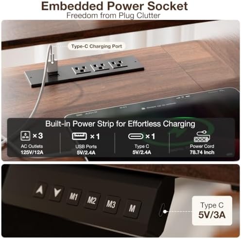 71x32" Electric Standing Desk with 5 Drawers,Power Outlets,LED Light,Walnut