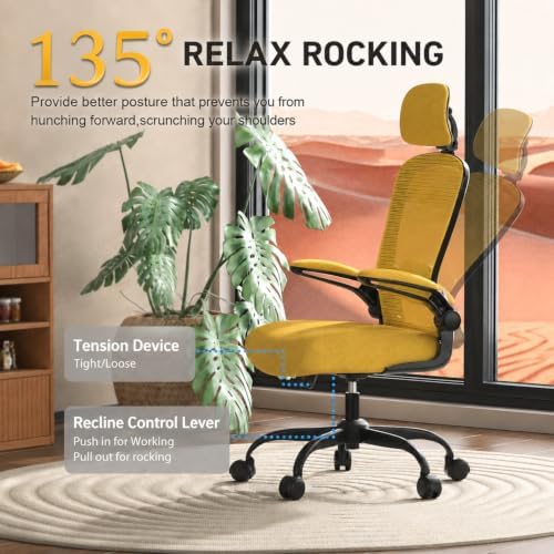 Mimoglad Office Chair, High Back Ergonomic Desk Chair with Adjustable Lumbar Support and Headrest, with flip-up Armrests for Guitar Playing, 5 Years Warranty (Modern, Vivid Yellow(Black Frame))
