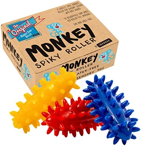 IMPRESA Spiky Sensory Roller - Multicolor 3-Pack, 3 in L x 1.4 in Dia Tactile Sensory Brush Roller for Kids - Stress Relief & Focus - Animal-Themed Monkey Spiky Fidget