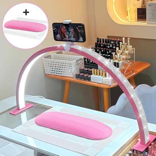 Large 29-inch Half Moon Light for Nail Desk,48W Lamp for Nail Desk with Hand Pillow and Phone Holder, Nail Desk lamp Pink for lash Eyelash Extension,Color Temperature 3000K-6000K (Pink)