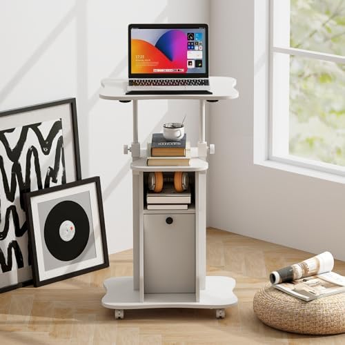 Tangkula Mobile Laptop Podium, Height Adjustable Sit to Stand Desk with Tilting Desktop & Storage Cabinet, Ergonomic Rolling Lectern Cart Laptop Desk, Office Podium Stand on Wheels