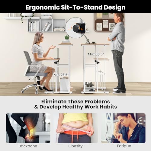 Tangkula Small Standing Desk, Height Adjustable Teacher Podium Stand, Compact Standing Table Lectern Podium, Laptop Desk with Footrest, Suitable for Sitting or Standing