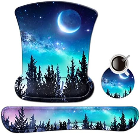 AIMSA Ergonomic Keyboard Wrist Rest and Mouse Pad with Wrist Support Set, Memory Foam Non-Slip Rubber Base, for Gaming, Working, Home, Office, Easy Typing, Pain Relief, Forest Moon Sky