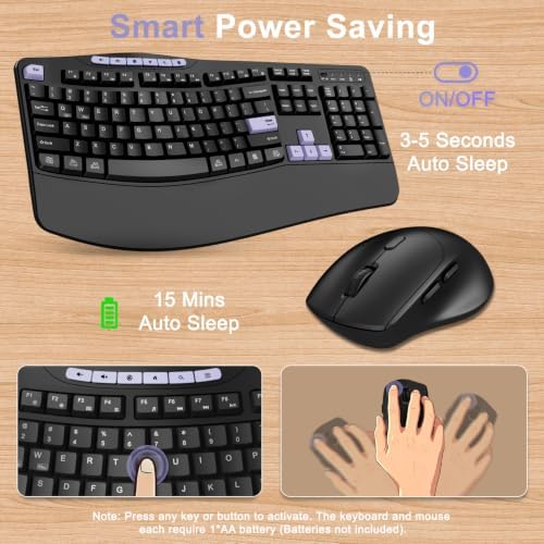 Wireless Keyboard and Mouse Combo, 2.4G Ergonomic Wave Keys(Purple)