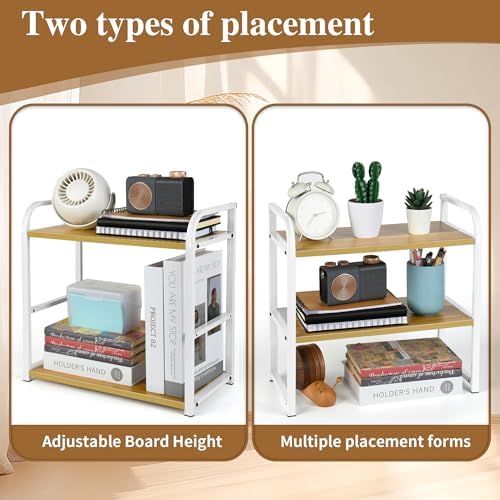 Desktop Shelf Organizer Office Desk Shelf for Top of Desk Wood & Metal Bookshelf Supplies Storage Rack (White&Walnut)