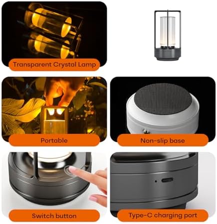 Rechargeable Cordless Small Metal Table Lamp, Stepless Dimming, 3-Color