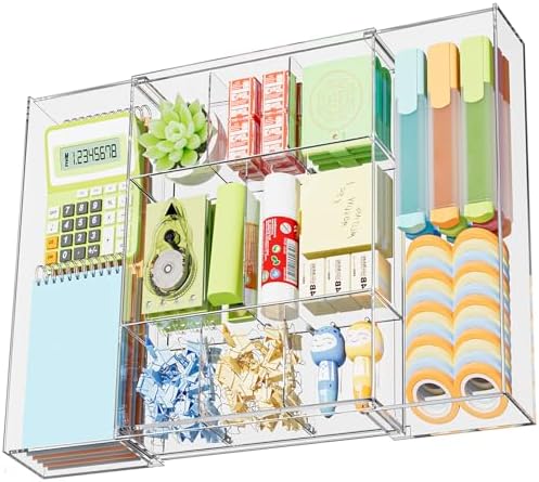 Marbrasse Expandable Desk Drawer Organizer, Clear Plastic Drawer Organizer Tray with 10 Adjustable Compartments, Desk Organizers and Accessories, 5 Drawer Dividers for Office Supplies, Makeup(Clear)