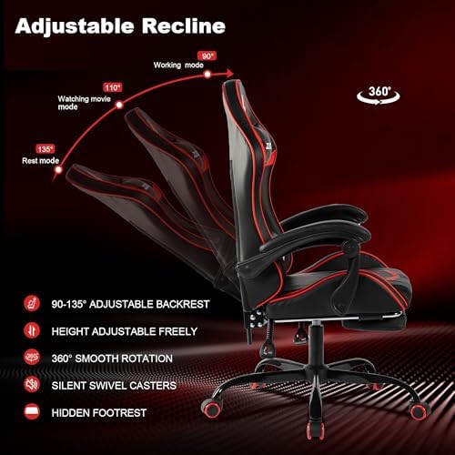 Ergonomic Gaming Chair for Adults, Reclining Computer Office Desk Chair with Footrest, Pocket Spring Cushion,Linkage Armrests, Lumbar Support & Headrest, Heavy-Duty Enlarged Metal Base,Red