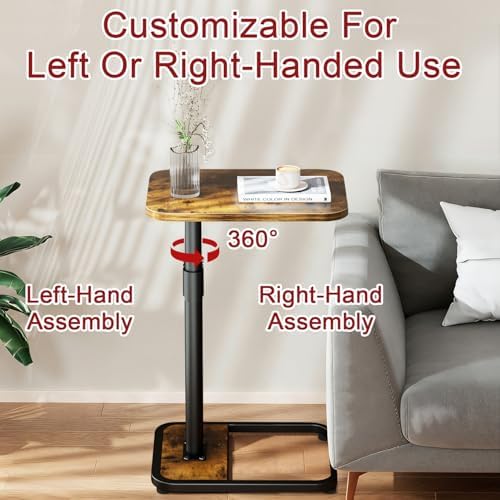 GOYLSER C-Shaped Tables Small Swivel End Table, Height Adjustable Side Tables Living Room, Rotating Snack Couch Wooden Tv Trays for Eating On Couch, Rustic Brown