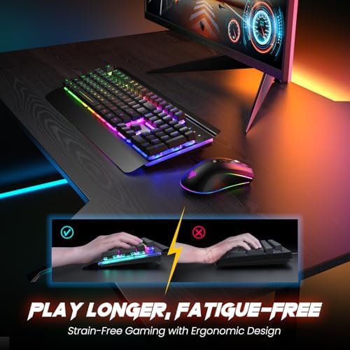 Wireless Gaming Keyboard and Mouse Combo, Metal Panel Light Up 3200DPI Mice