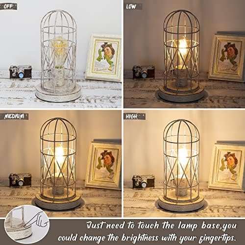 Small Table Lamp, 3-Way Dimmable Bedside Lamp with Brushed White Oak Cage