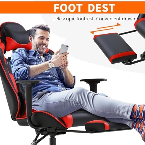PC Gaming Chair with Footrest, Ergonomic Home Office Chair with Lumbar Support & Headrest Pillow, Red