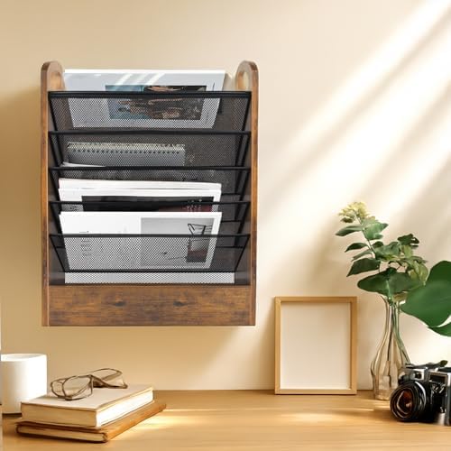 EHWINE Wall File Organizer, 6 Tier Hanging Wall File Organizer with Bottom Tray, Mail Organizer Wall Mount, Wooden Desk Organizer for Office or Home