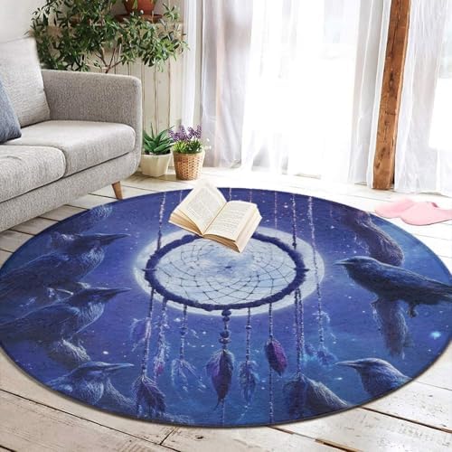 Machine Washable Modern Round Area Rug, Room Sofa Yoga Soft Round Carpet, Home Decor Non Slip Kitchen Office Circle Rug Dream Catchers and Raven, 24inch