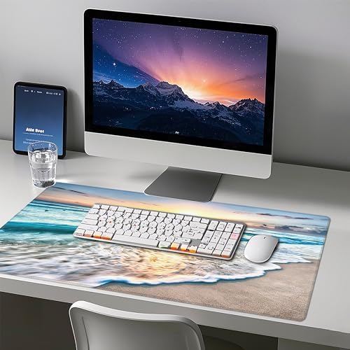 Mouse Pad with Beach View – Sunrise Scenery Desk Pad – Portable Computer Mousepad – Gaming, Office, Waterproof, Non-Slip, Stitched Edges 35.5 x 15.7inches x 3mm