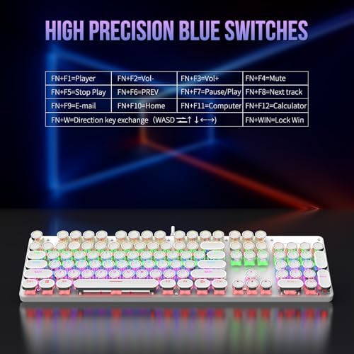 Typewriter Mechanical Gaming Keyboard with RGB Backlit Red Switches, 104 Keys Retro Round Keycap, Wired Typewriter Style Comfortable Typing Soud (L-White)