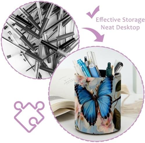 Desk Organizer Pen Holder for Desk, Blue Butterfly on Blossom Pencil Holder, Large Capacity Pen Cup Makeup Brush Holders Desktop Office Supplies Storage Organizer