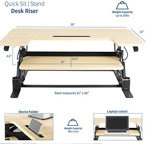 VIVO 36 inch Height Adjustable Stand Up Desk Converter, V Series, Quick Sit to Stand Tabletop Dual Monitor Riser Workstation, Light Wood Top, Black Frame, DESK-V000VO