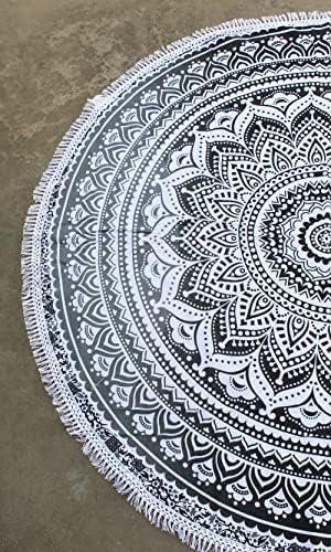 Round Beach Tapestry Turquoise Mandala Throw/Boho Hippie Beach Blanket Roundie/Indian Cotton Bohemian Large Round Table Cloth-Home Decor/Yoga Mat Meditation Picnic Rug (70", Grey)