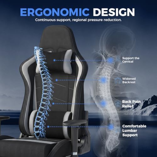 LUCKRACER Gaming Chair High Back Ergonomic Computer Chair with Breathable Fabric, with Lumbar Support, 8-Way Adjustable Armrests, Integrated Frame for Office Study Gaming, Grey