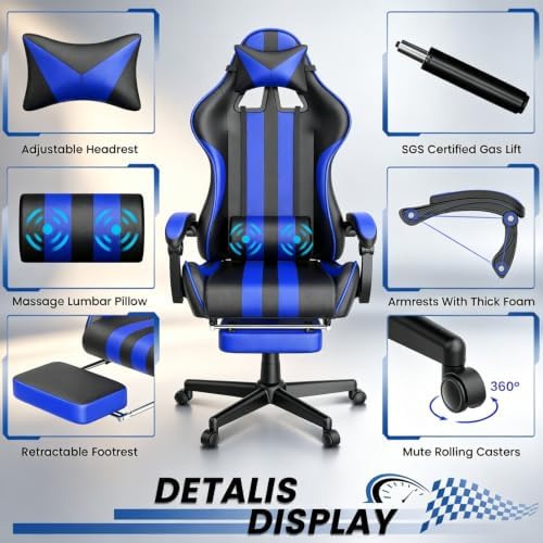 Ferghana Navy Gaming Chair, Ergonomic Racing Style Computer Chair with Footrest, Adjustable Reclining, Lumbar and Head Support, PU Leather Gamer Chair