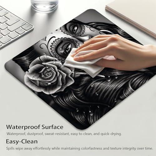 Monochrome Sugar Skull Portrait with Rose Mouse Pad, Durable Desk Mat