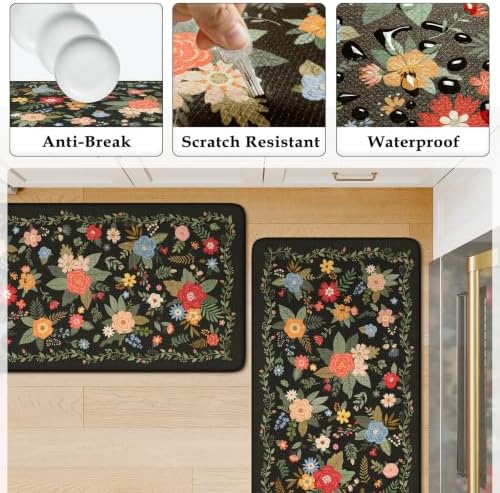 KIMODE Kitchen Mats Cushioned Anti Fatigue,Black Floral Kitchen Rugs Set