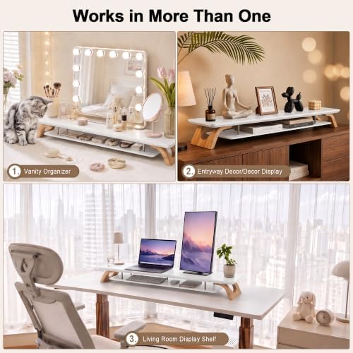 42.5''Dual Monitor Stand Riser for 2 Monitors with Acacia Wood, White