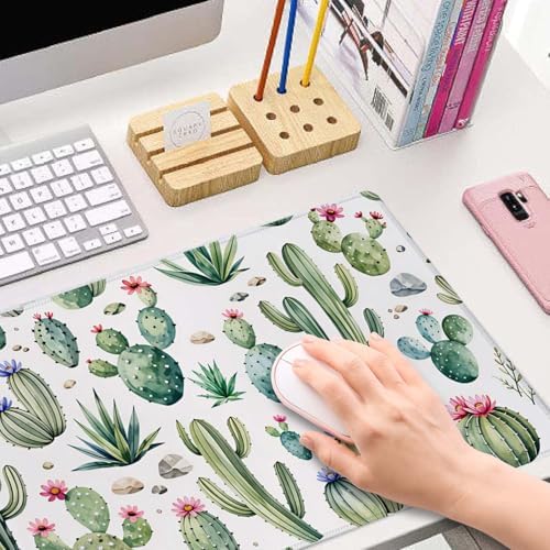 Large Gaming Mouse Pad with Stitched Edges, Desk Pad Extended Keyboard Mat, Non-Slip Rubber Base Mousepads for Laptop, Office, Home, 31.5X11.8 inch Watercolor Cactus and Flowers