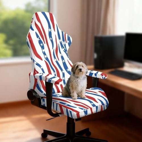 American Flag Zebra Print Gaming Chair Cover with Armrest Covers Stretch Non Slip Furniture Protector Washable Anti Dust Computer Chair Slipcover