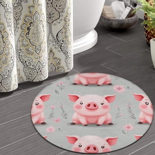 Women's Large Home Decor Mat, Soft Round Yoga Carpet, Non Slip Machine Washable Home Office Circle Rug Cute Pink Pigs Print
