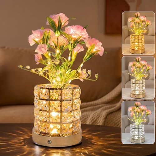 Flower Table Lamps, Rechargeable Cordless Small Desk Lamp, 3 Colors Dimmable Artificial Flowers Night Light, Fake Bouquet Carnation with Crystal Vase Gifts for Girl Women Mom (Pink - Carnation)