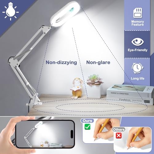 Drdefi 12X Square Magnifying Glass with Light and Stand, Real Glass LED Lighted Magnifier, 5 Color Modes Stepless Dimmable, Hands-Free Mag Desk Lamp with Clamp for Reading Craft Hobby Close Work White