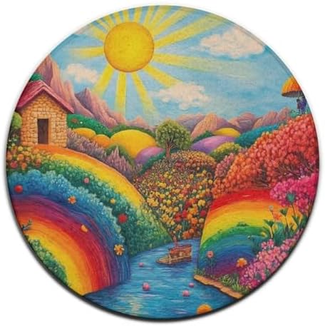 Machine Washable Modern Round Area Rug, Room Sofa Yoga Soft Round Carpet, Home Decor Non Slip Kitchen Office Circle Rug Colorful Red Cottage Landscape Art, 36inch