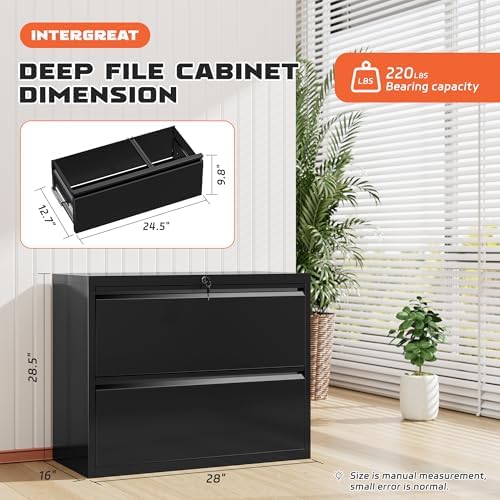 INTERGREAT Lateral File Cabinet 2 Drawer, Black Metal File Cabinets for Home Office, Locking File Cabinet for Letter/Legal/F4/A4 Size, Easy Assembly