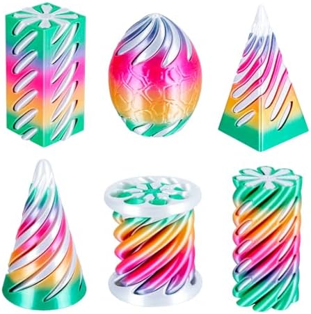6 Packs Spiral Cone 3D Printed Fidget Toy Set, Flexible Impossible Cone Pyramid Passthrough Toys for Stress Relief,Desk Deco Relaxing for Kids Adults, Candy Gradient Rainbow & White