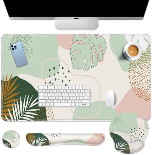 Britimes Keyboard Mouse Pad Set, 4 in 1 Desk Mat Set, Boho Green